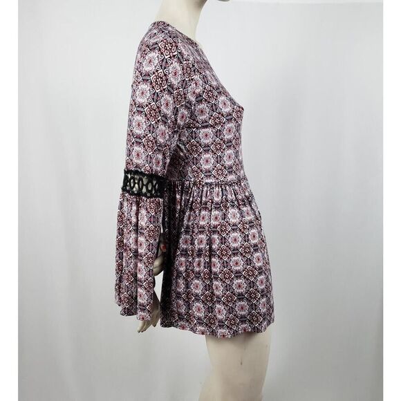 Max Jeans Hippie Tunic Top Floral Long Bell Sleeves Macramé Mandala - Picture 1 of 8